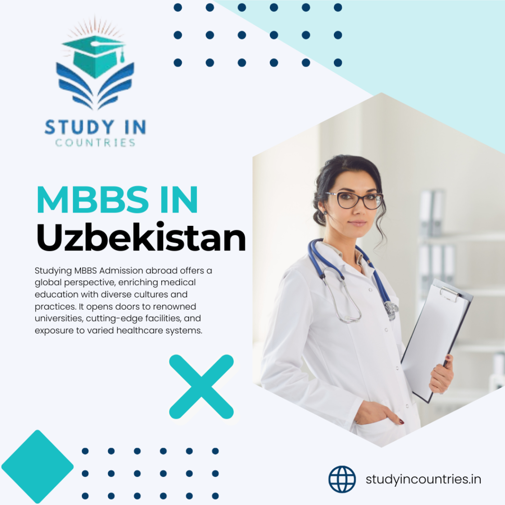 A doctor in a white lab coat holding a clipboard showing MBBS IN Uzbekistan